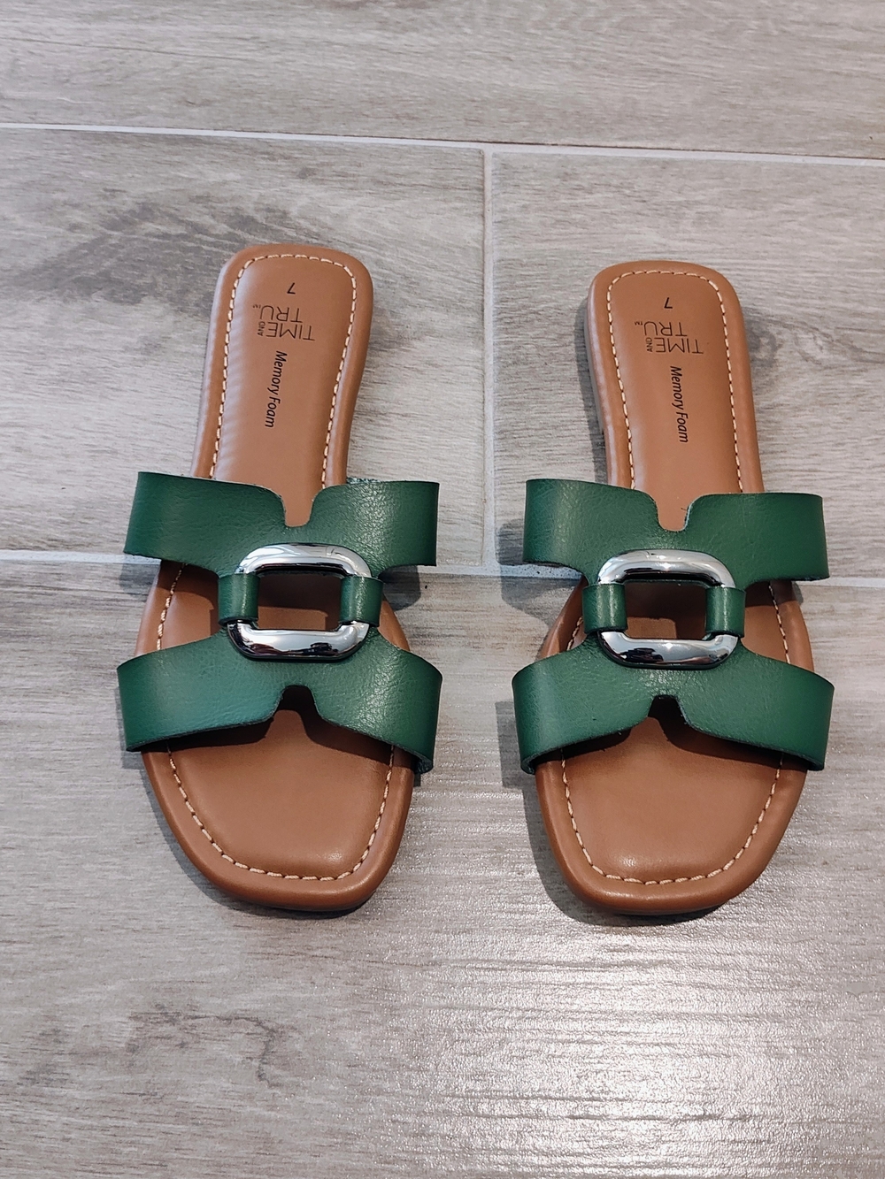 Time and Tru Green Slide Sandals with Silver Buckle Accent